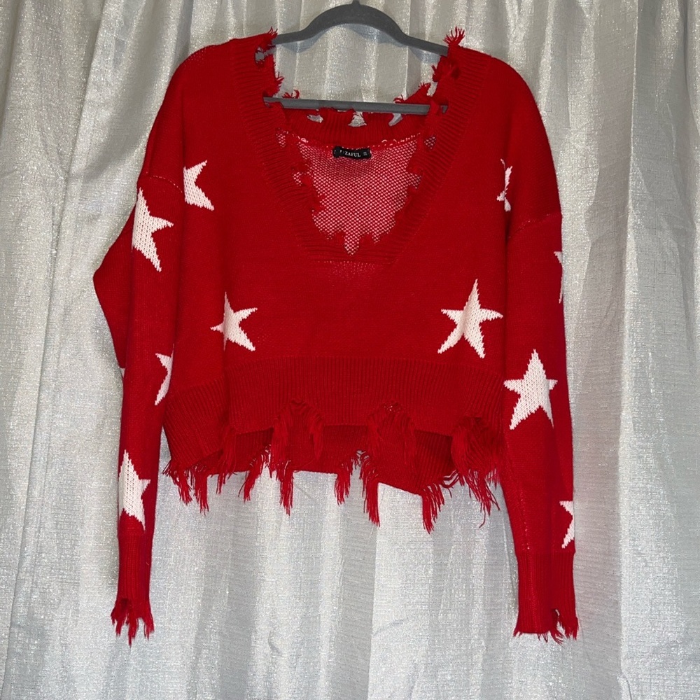 Red Sweater with White Stars - Distressed Style - One Size -